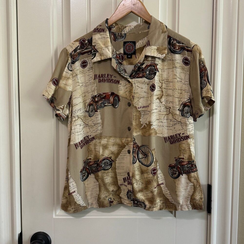Vtg 90s Tori Richard Harley Davidson Map Hawaiian Shirt Womens M Rayon Blend